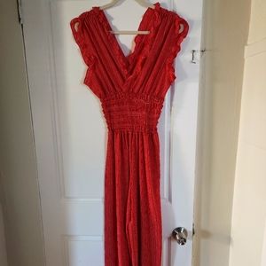 Max studio V-neck jumpsuit, red/cream with stripe dash design, size Medium